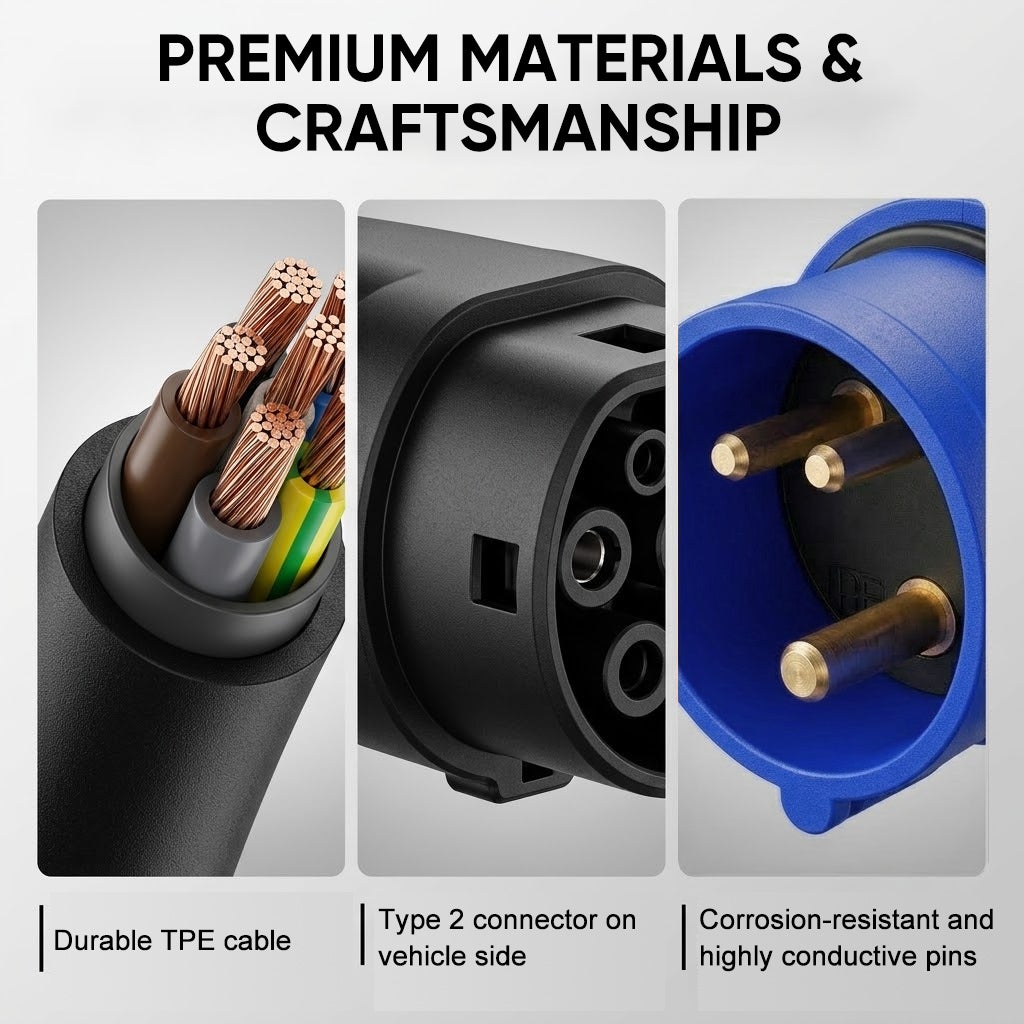 Carregador portátil para veículos elétricos JUNSUN 7kW – 32A monofásico, cabo 8m Tipo 2, IP67, corrente ajustável 6-32A, carregamento programável - 7