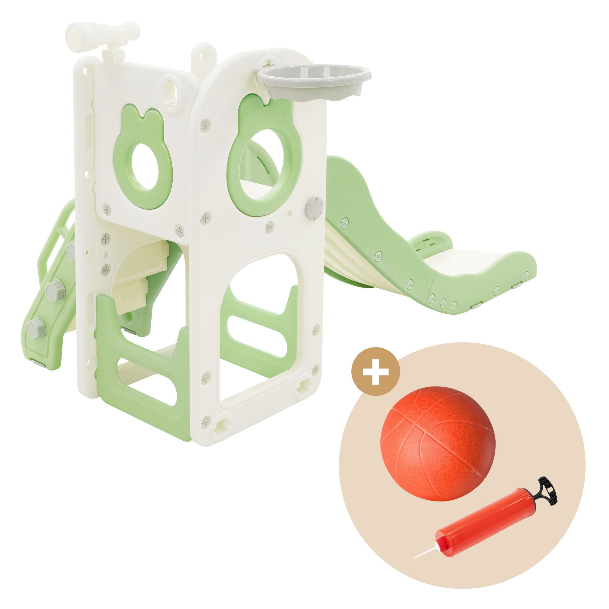 Toboggan 3en1 blanc-vert pour enfants structure de jeu en plastique avec panier de basket et échelle sûre d’activité pour tout-petits dès 3 ans - 4