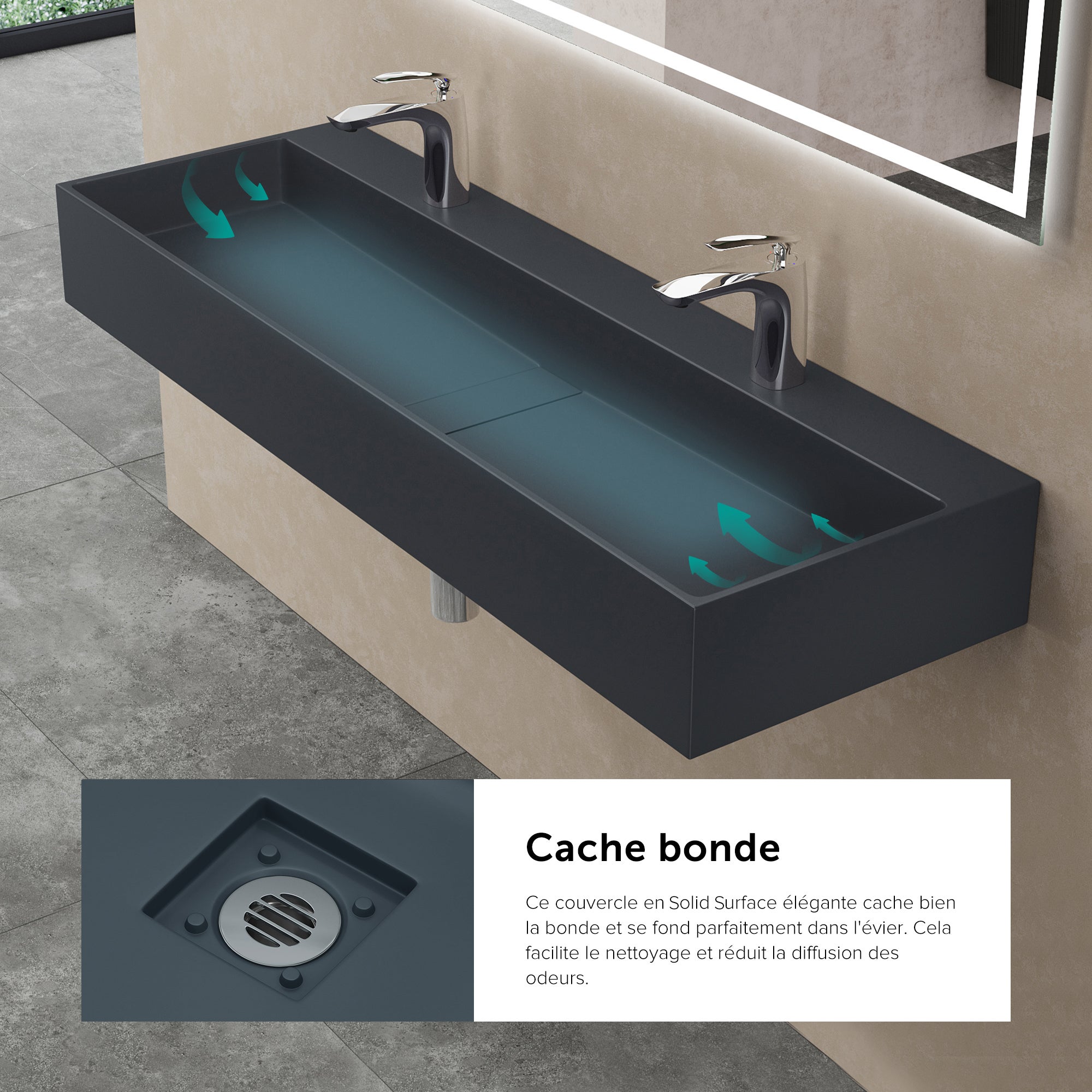 Lavabo Suspendu, Vasque à Poser, Lave-Mains Rectangulaire, 120cm, Gris Noir Mat, avec Cache Bonde, pour Salle de Bains, Colossum6028 doporro - 4