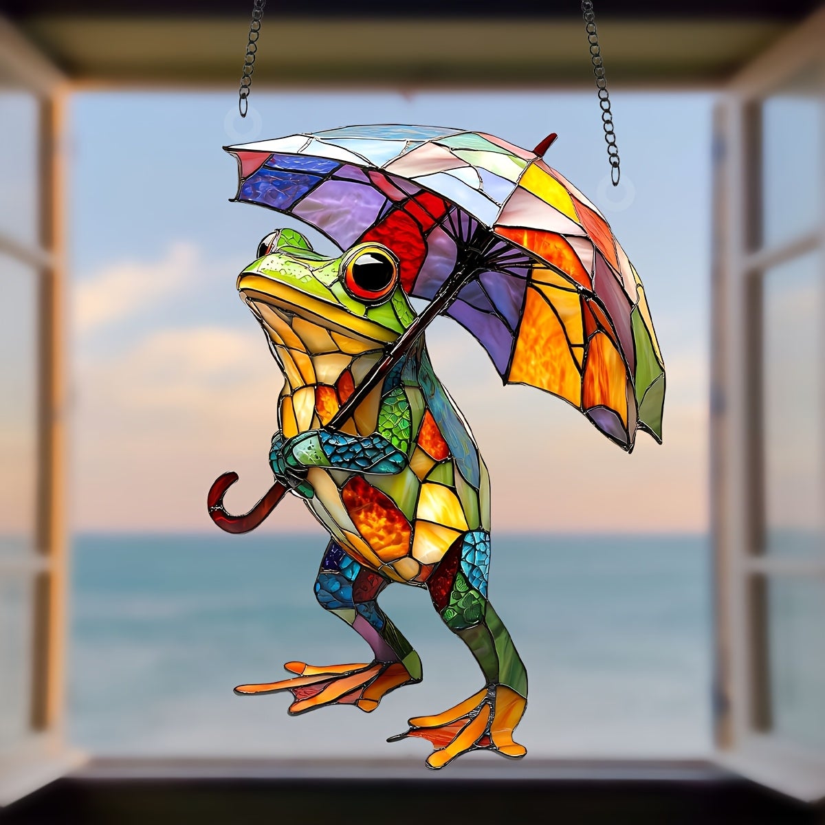 Lot de 2 grenouilles colorées avec parapluie, attrape-soleil – Vitrail – Décoration de fenêtre – Statue de jardin grenouille - 4