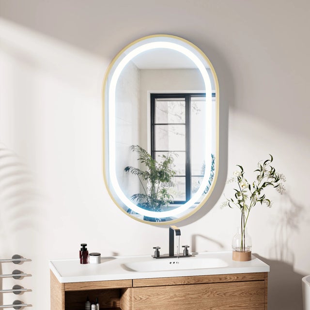 SIENTICE Espelho de casa de banho inteligente, oval e de parede; controlo por toque com regulação e design de luxo, com visor de relógio.