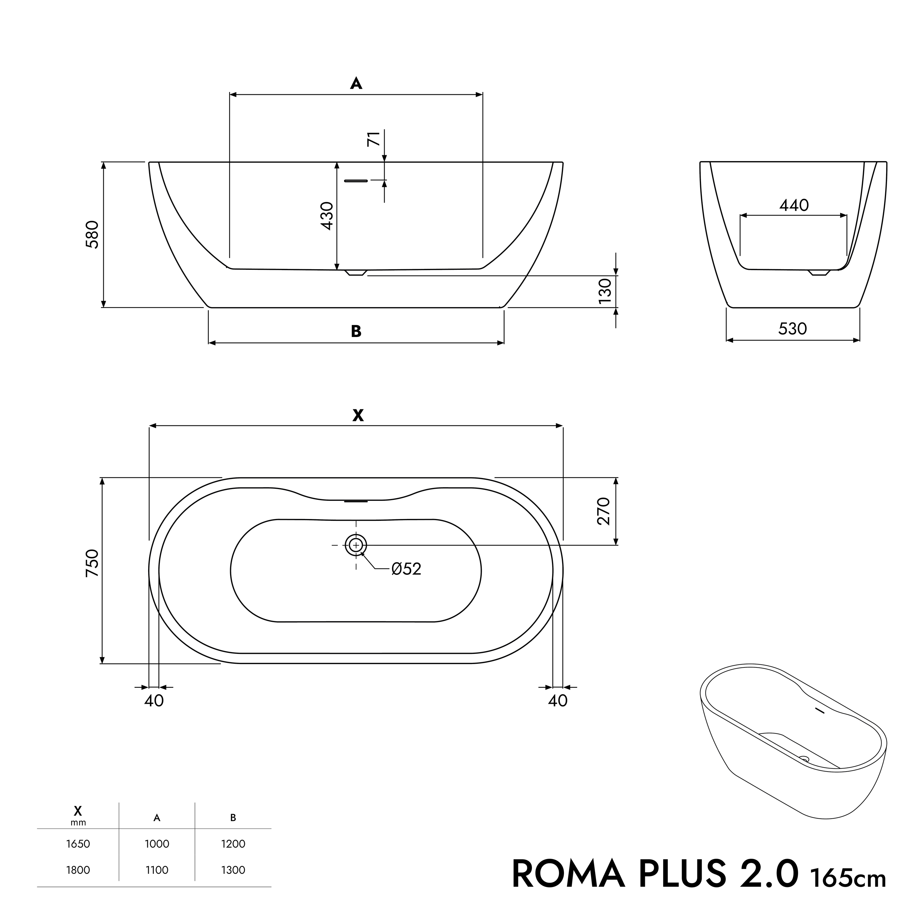 Bernstein Wanna wolnostojąca ROMA PLUS 2.0 akryl biały połysk 180x75 - 5