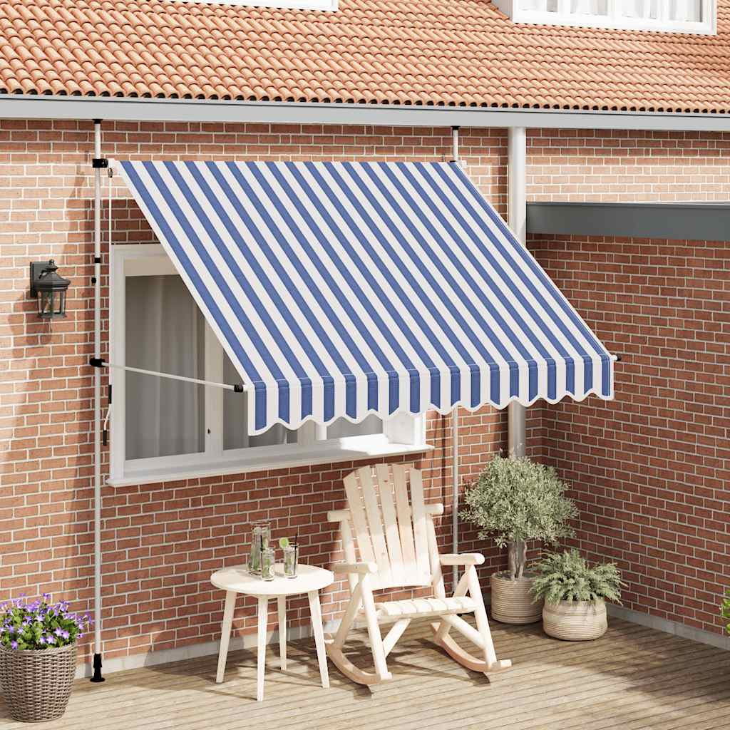 Toldo retráctil manual de 250 cm con rayas azules y blancas.