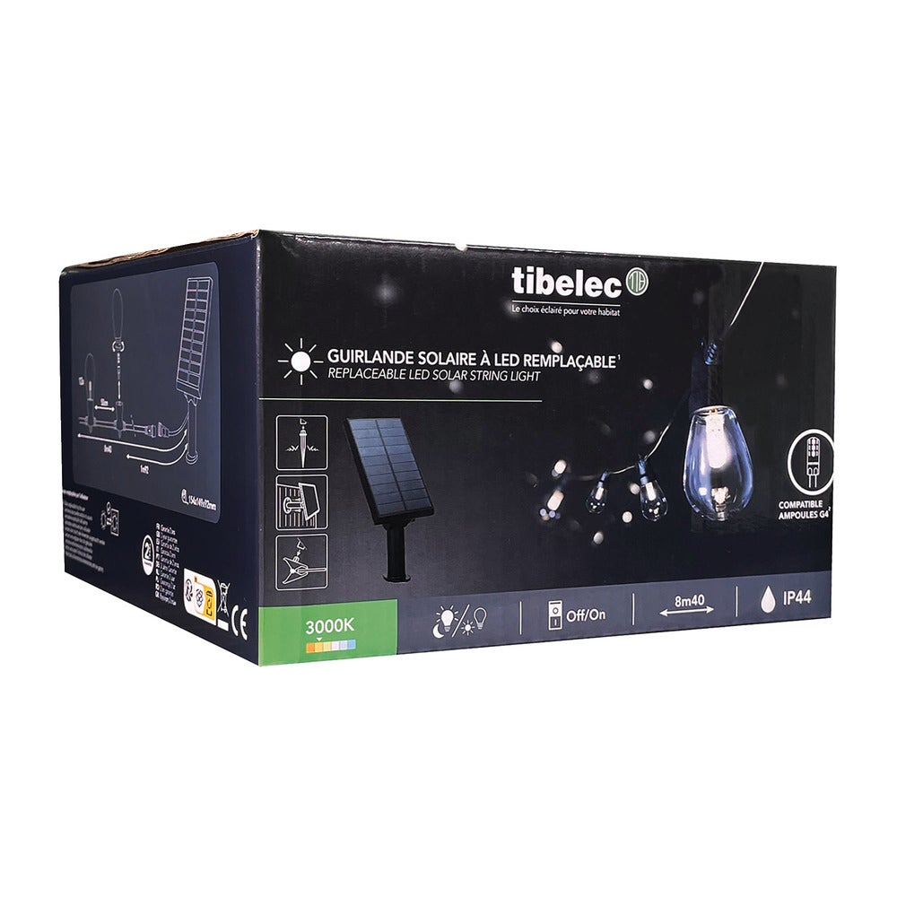 Guirlande Guinguette Solaire LED 8,4m, 12 ampoules remplaçables G4, 12 x 3,8 lumens, 3000K Blanc-chaud, IP44, crépusculaire - Tibelec - 7