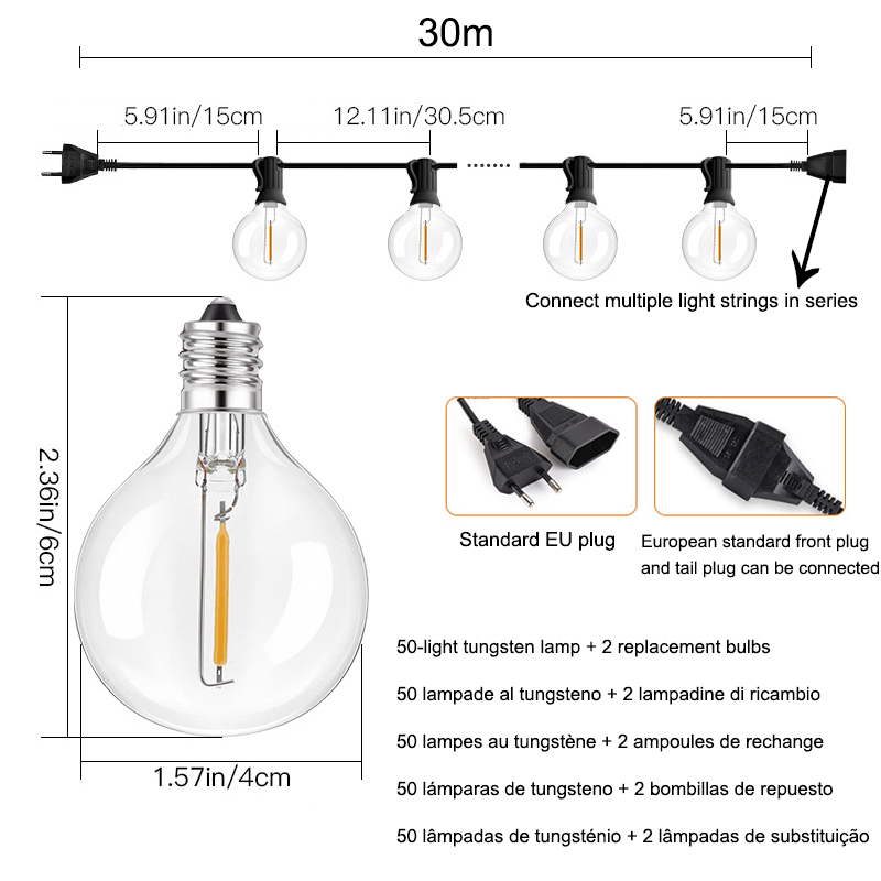 Guirnalda de luces para exterior de 30 m, resistente al agua IP44, con 50+2 bombillas LED G40, ideal para decoración navideña, luz cálida de 2700 K - 6