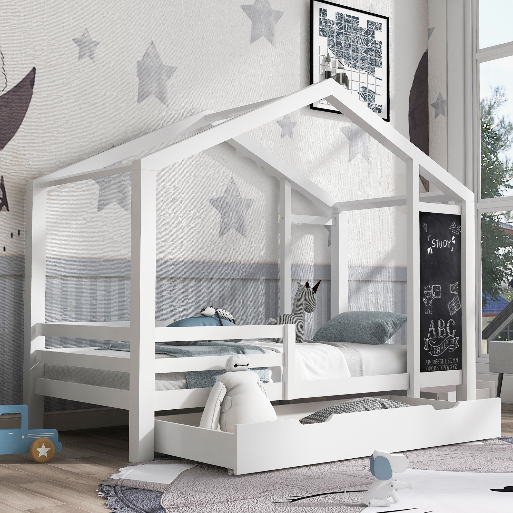 URBAN MEUBLE Lit enfant lit cabane 90 x 200 cm avec 2 tiroirs, bois massif avec clôture et sommier à lattes, blanc (sans matelas) - 3