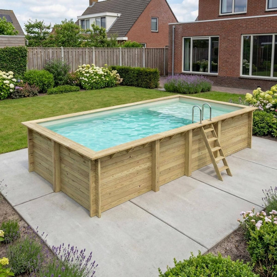 Piscină supraterană din lemn AQUA 7 x 3,75 - H. 1,45 m, cu zonă relaxare, nisip și elemente de fixare pentru betonare - BAS7308OSPI3+PLA308