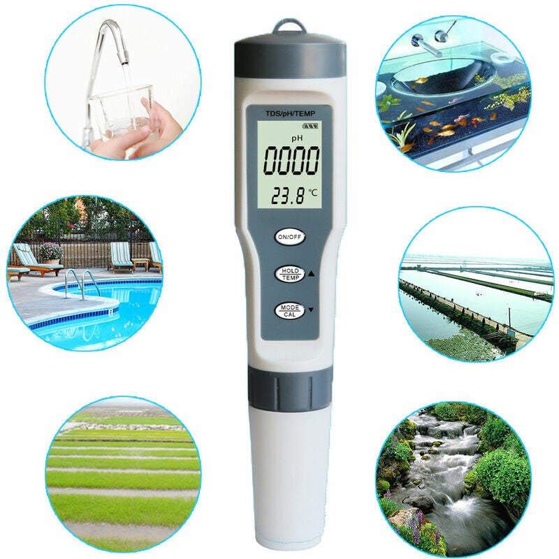 Testeur PH Mètre, Testeur PH Piscine électronique 3-en-1, TDS Mètre Température, Testeur de qualité de l'eau avec écran LCD et Précision de Lecture, - 5