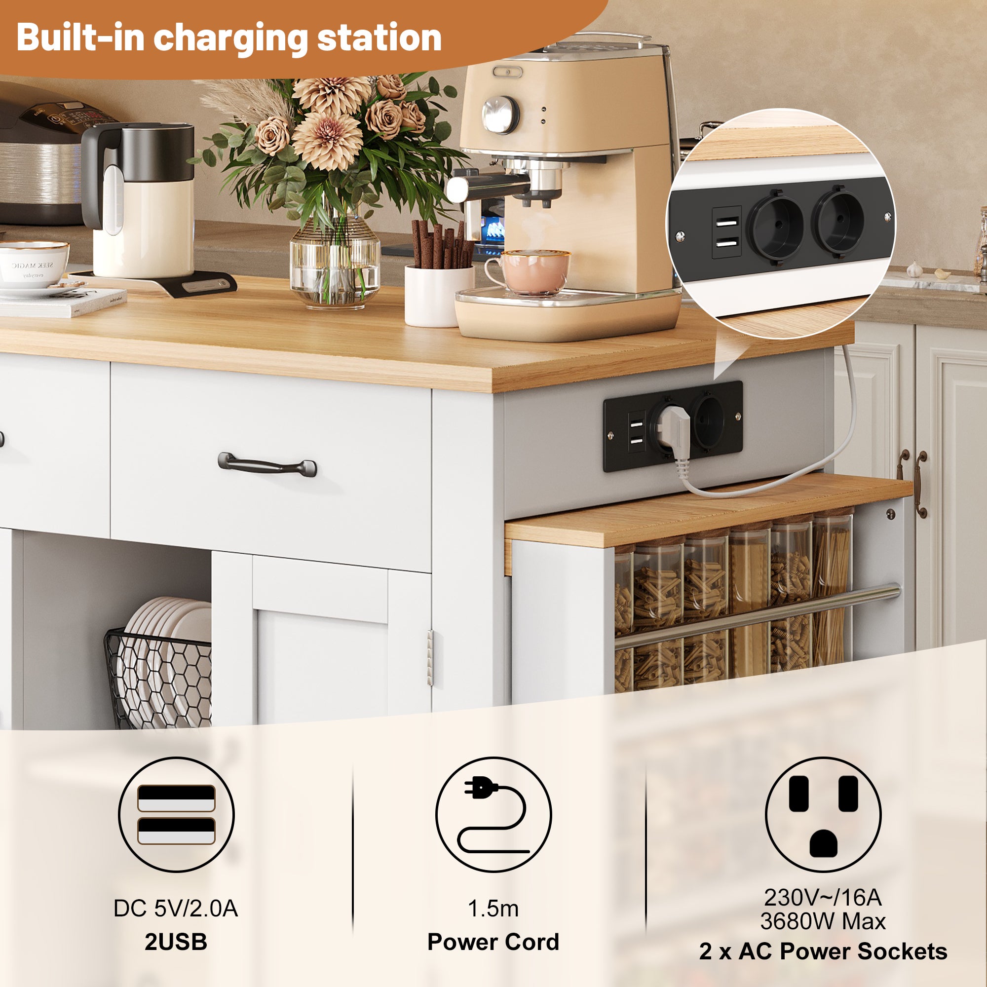 Isola da cucina mobile 142-340 cm, 2 piani estensibili, 2 cassetti, ruote, MDF bianco - 9