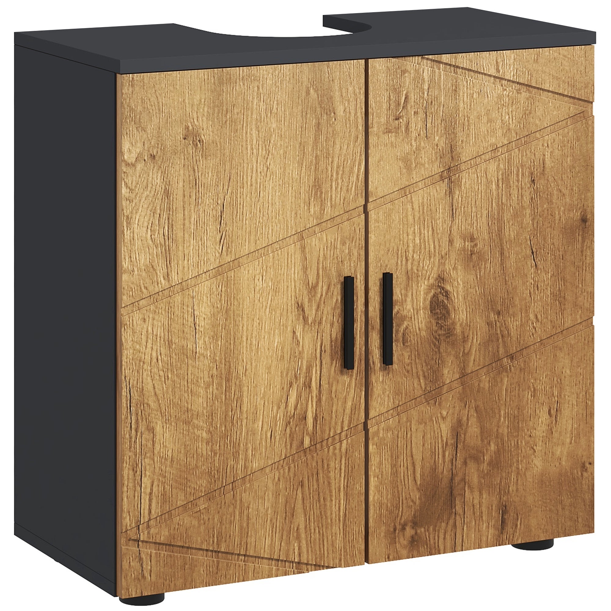 Meuble Sous Vasque Salle De Bain 2 Portes Avec Étagère, Rangement Pour Évier, 60x30x60 Cm, Chêne