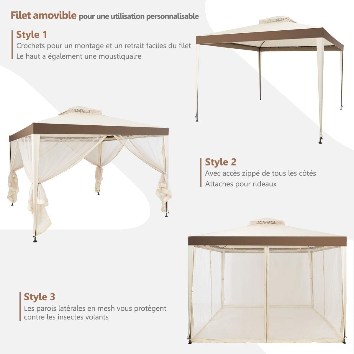 Pavillon de Jardin 3x3m UV50+, Tonnelle Autoportant Imperméable avec 4 Moustiquaires Amovibles pour Jardin/Terrasse/Réception, Beige - 6