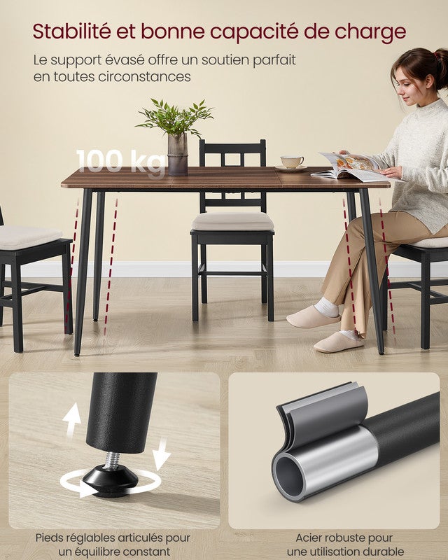 Table à Manger, Style Ferme, Surface Résistante à la Chaleur, Montage Rapide, 75 x 140 x 75 cm, Noyer Naturel et Noir d'Encre - 6