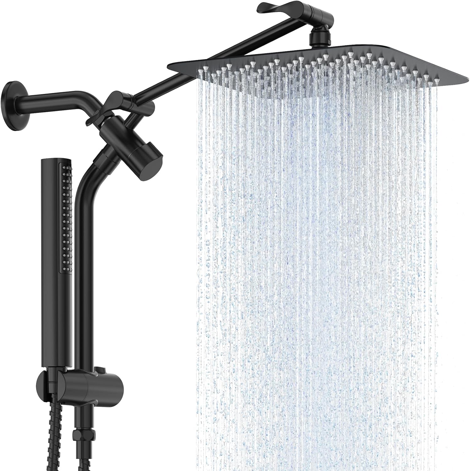 G-Promise Cabezal De Ducha Cuadrado Doble De Metal De 14 Pulgadas Con Combo De Rociador De Mano, Cabezal De Ducha De Lluvia, Brazo De Extensión Ajustable, Desviador De 3 Vías, Manguera