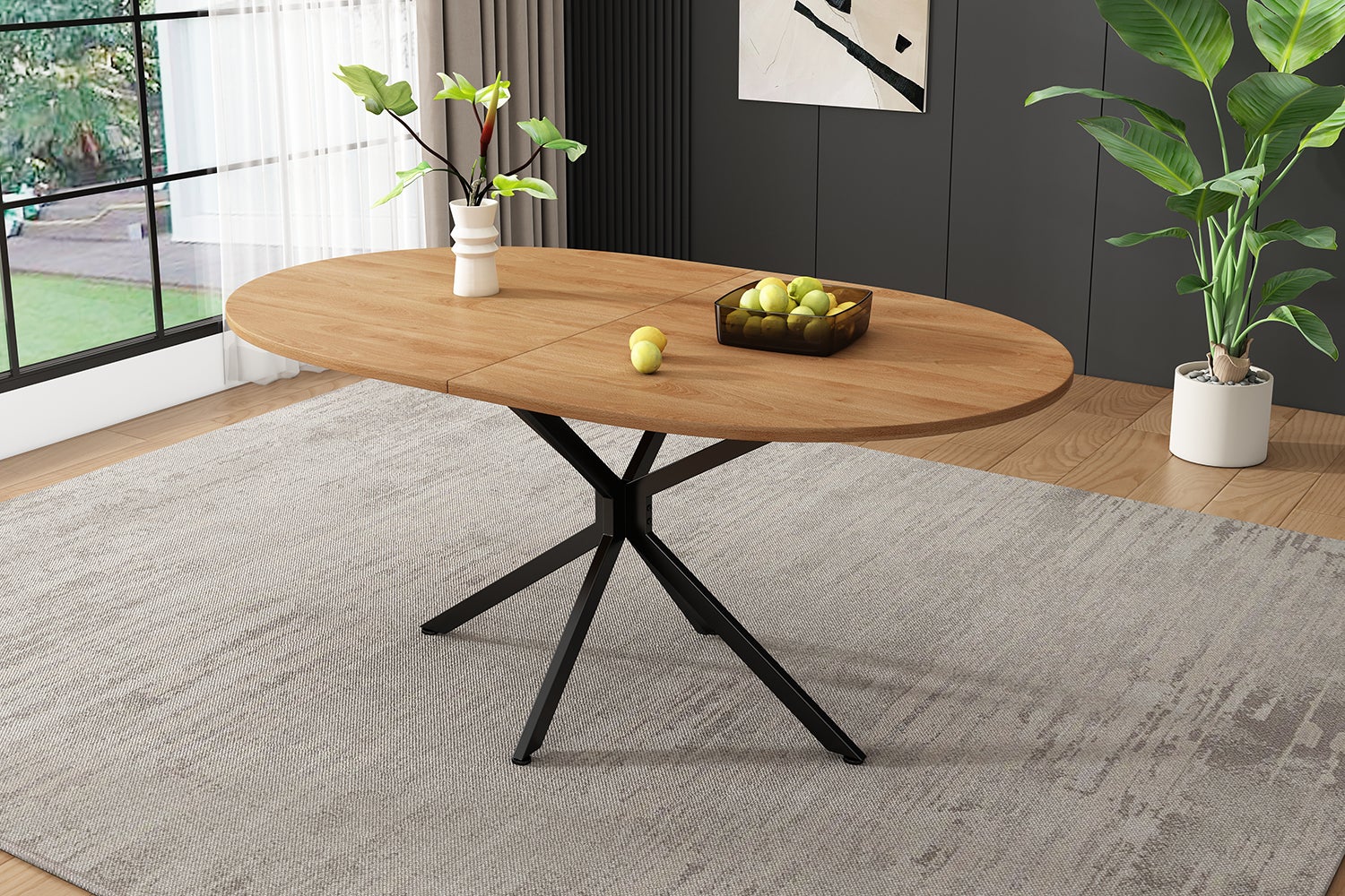 Table à manger ovale 4 à 6 couvert - 120 x 80 x 75.5 - MDF et pièds en métal - Naturel - 7