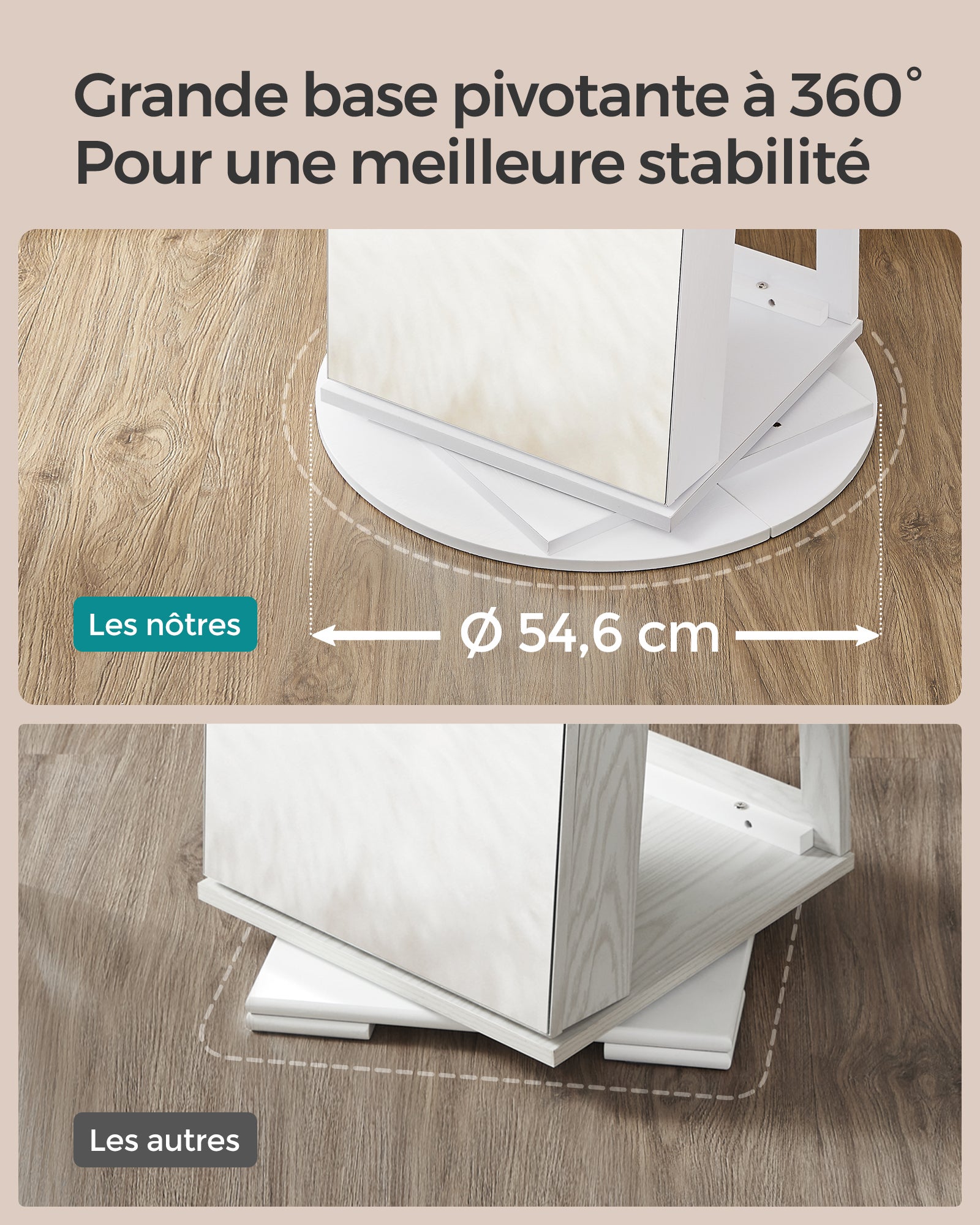 Armoire à Bijoux avec Miroir sur Pieds, avec 6 LED, Rangement Bijoux Pivotant à 360°, Miroir Psyché sans Cadre,Blanc Boisé - 7