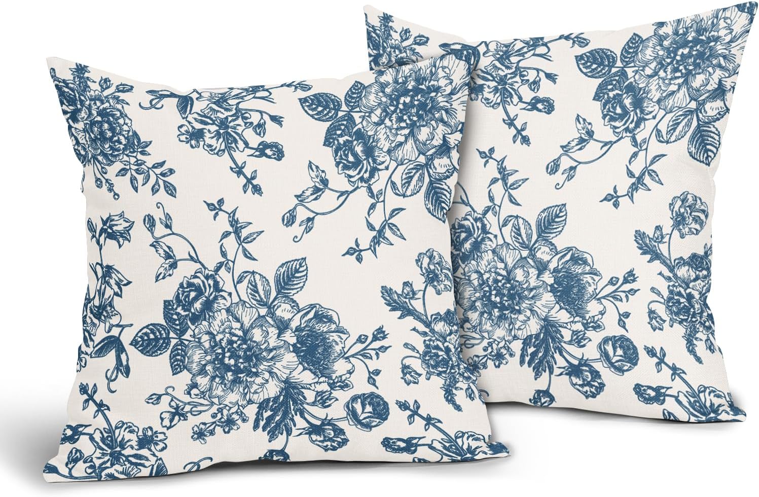 Lot de 2 housses de coussin vintage à motif floral bleu océan et crème 50,8 x 50,8 cm, taies d'oreiller rustiques pour canapé, décoration d'intérieur - 2