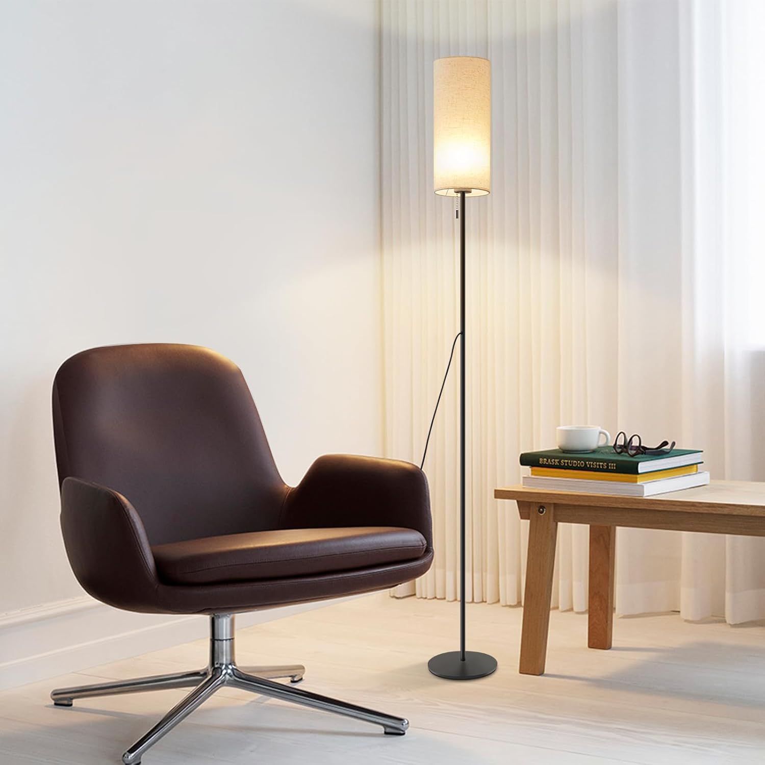 ZMH Lampa podłogowa LED Retro z kloszem z tkaniny ściemniającej do salonu z przełącznikiem kablowym - 8