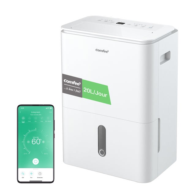 COMFEE' Déshumidificateur, Elimine l'humidité jusqu'à 20L/Jour, 2-EN-1, Purification d'air avec ioniseur, Contrôle APP, 4 Modes, Fonction Air Swing