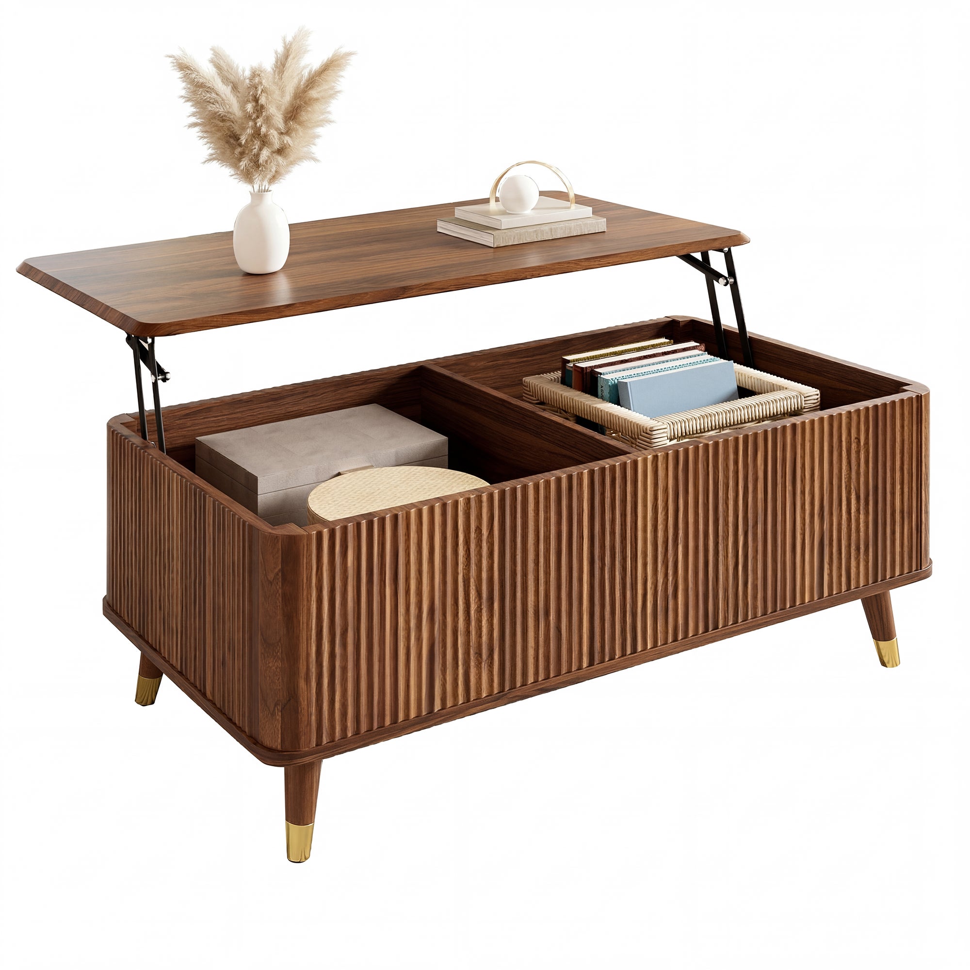 Table basse avec plateau relevable - 97 x 52 x 56,5 cm - MDF et bois massif - Noyer - Design rétro moderne à motif ondulé - 2