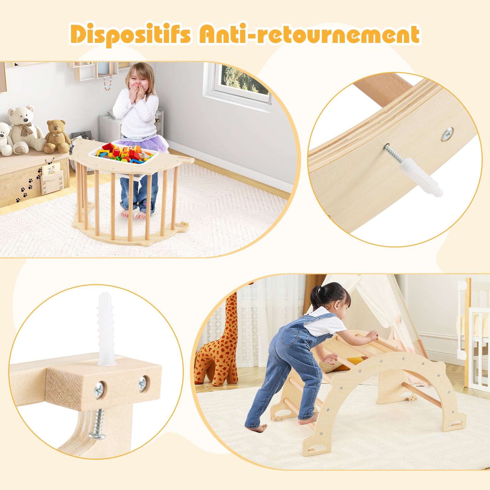 8 en 1 Arche d'escalade Montessori en Bois avec Bac Pliable, Chaise à Bascule Enfant avec Dispositif Anti-basculement,Charge 50kg pour 3 Ans+ - 7
