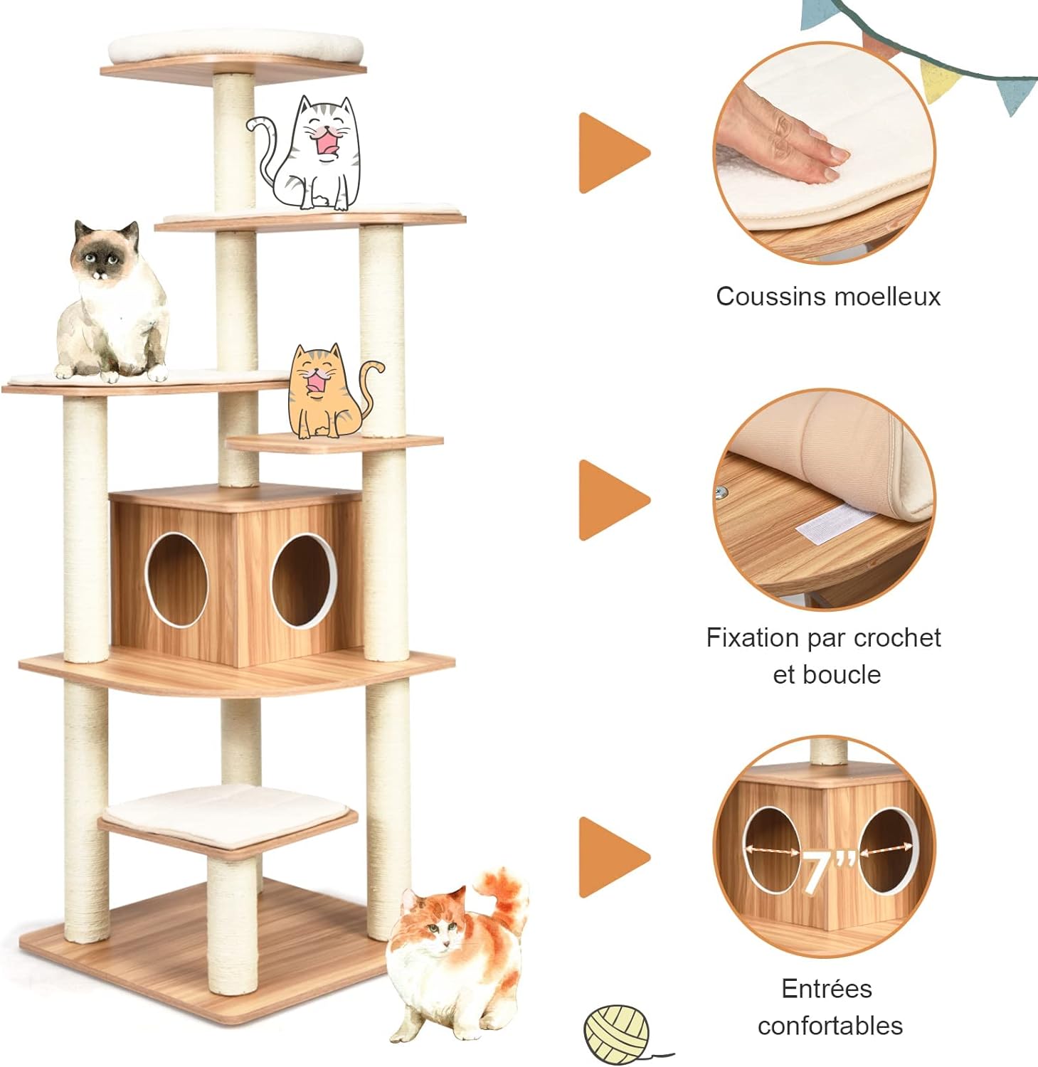 Grand Arbre a Chat 175 CM en Bois, 6 Niveaux, avec Plateformes, Coussins Confortables, Poteaux en Sisal, Conception Anti-Bascule, Naturel - 2