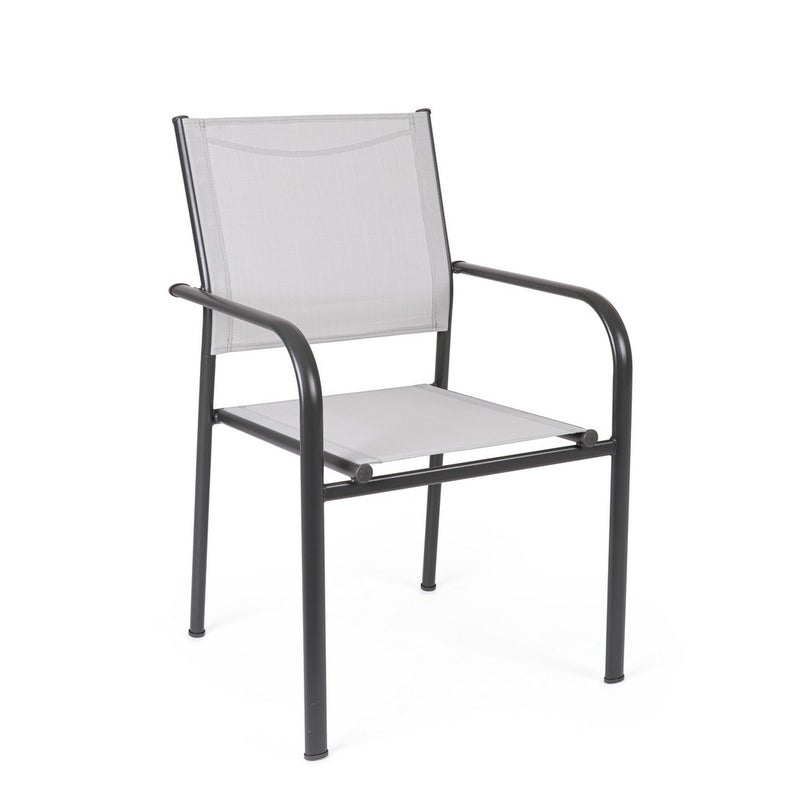 Krzesło ze stalowymi podłokietnikami i siedziskiem i oparciem z materiału Textilene, szare