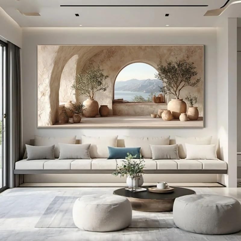 Tableau moderne sur toile représentant la mer Méditerranée et un olivier, idéal pour la décoration de votre salon (60 x 120 cm, sans cadre). - 2