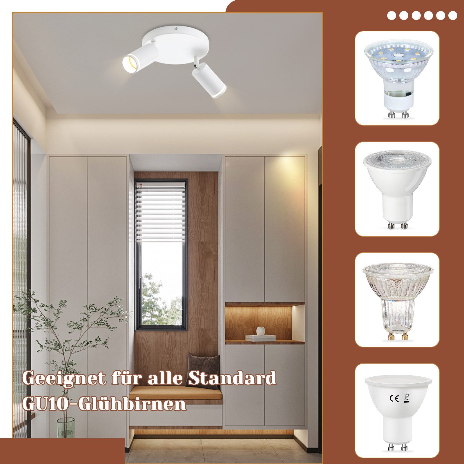 NETTLIFE Plafonnier LED 2 flamme - Blanc Plafonnier GU10 Spot pivotant Applique murale en bois Spot mural pour salon chambre Sans ampoule - 2