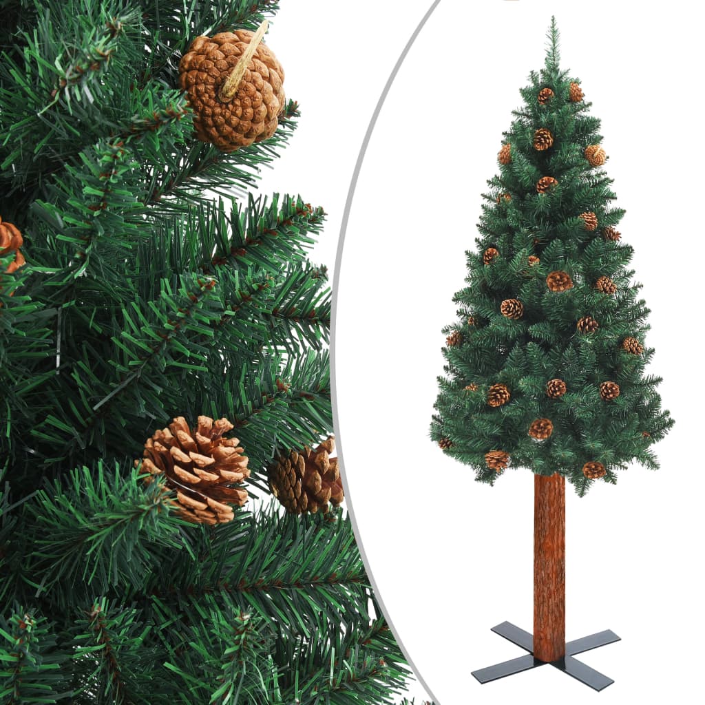 Smukła choinka z drewnem i szyszkami, zielona, 150 cm, PVC