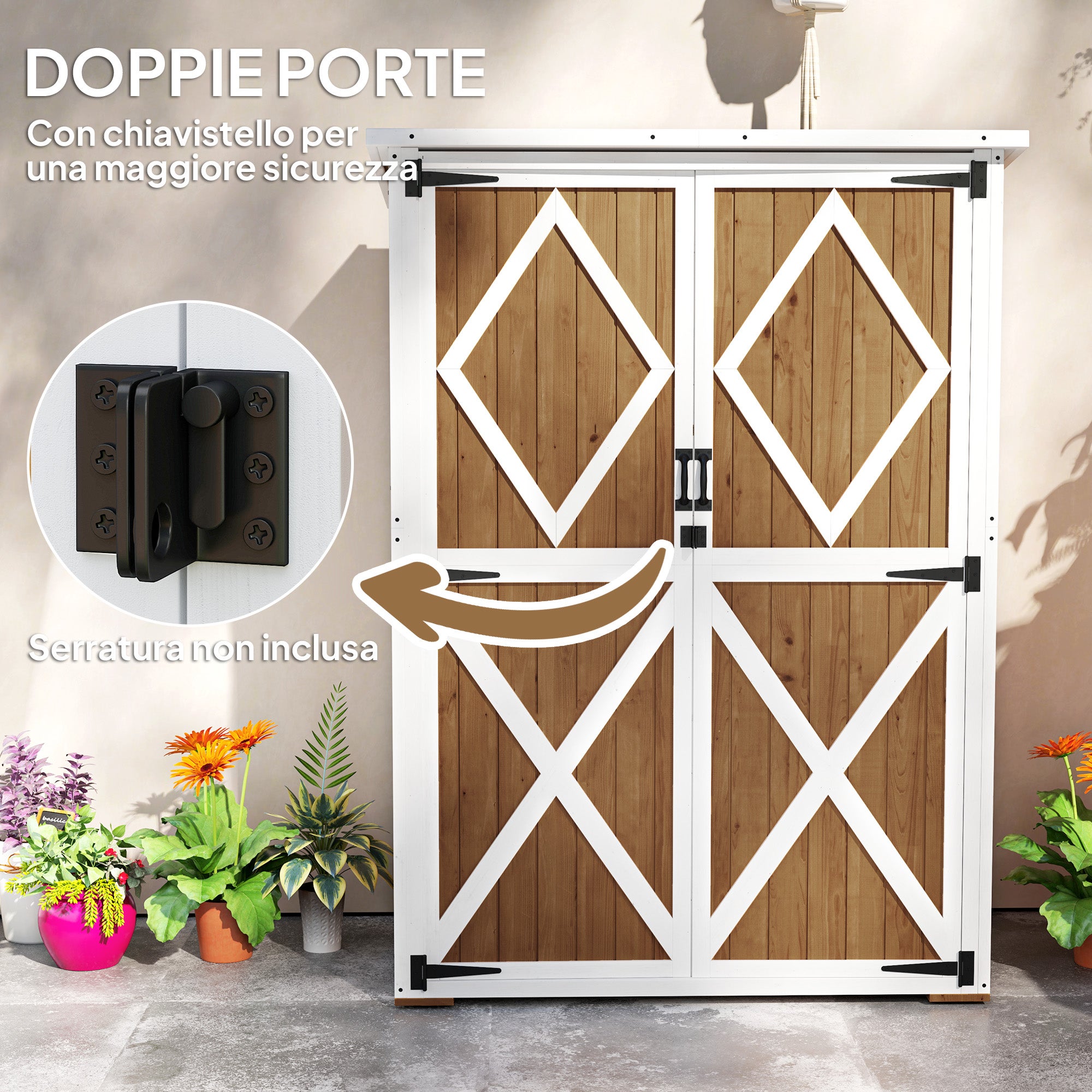 Outsunny Capanno da Giardino in Legno di Abete con 2 Ripiani e 2 Porte, 116.5x57x159/167 cm, Marrone e Bianco - 6