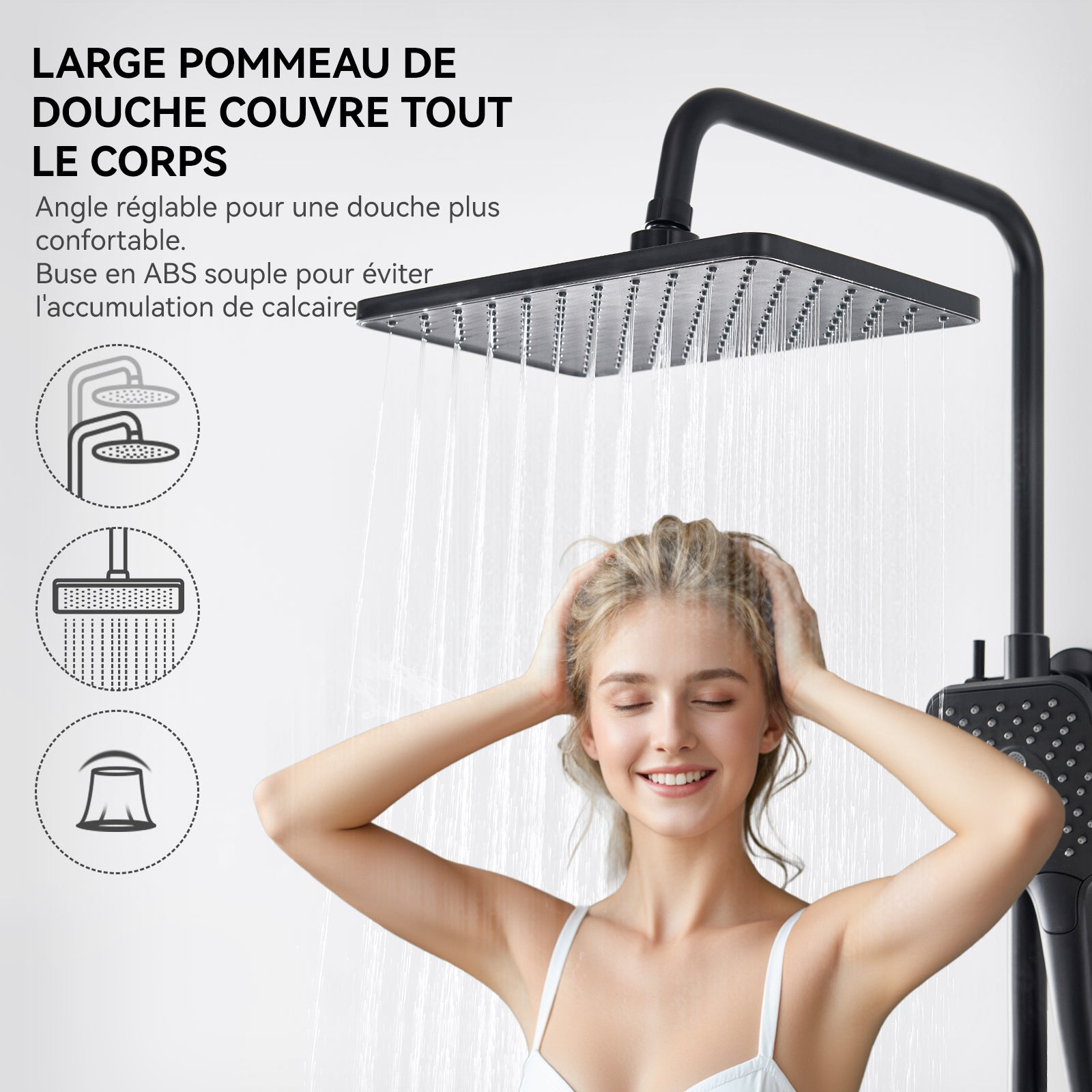 Auralum max Colonne de Douche,Système de douche thermostatique 38°C,avec Douchette à Main avec 3 Jets,30x19CM Pommeau de Douche,Noir - 5