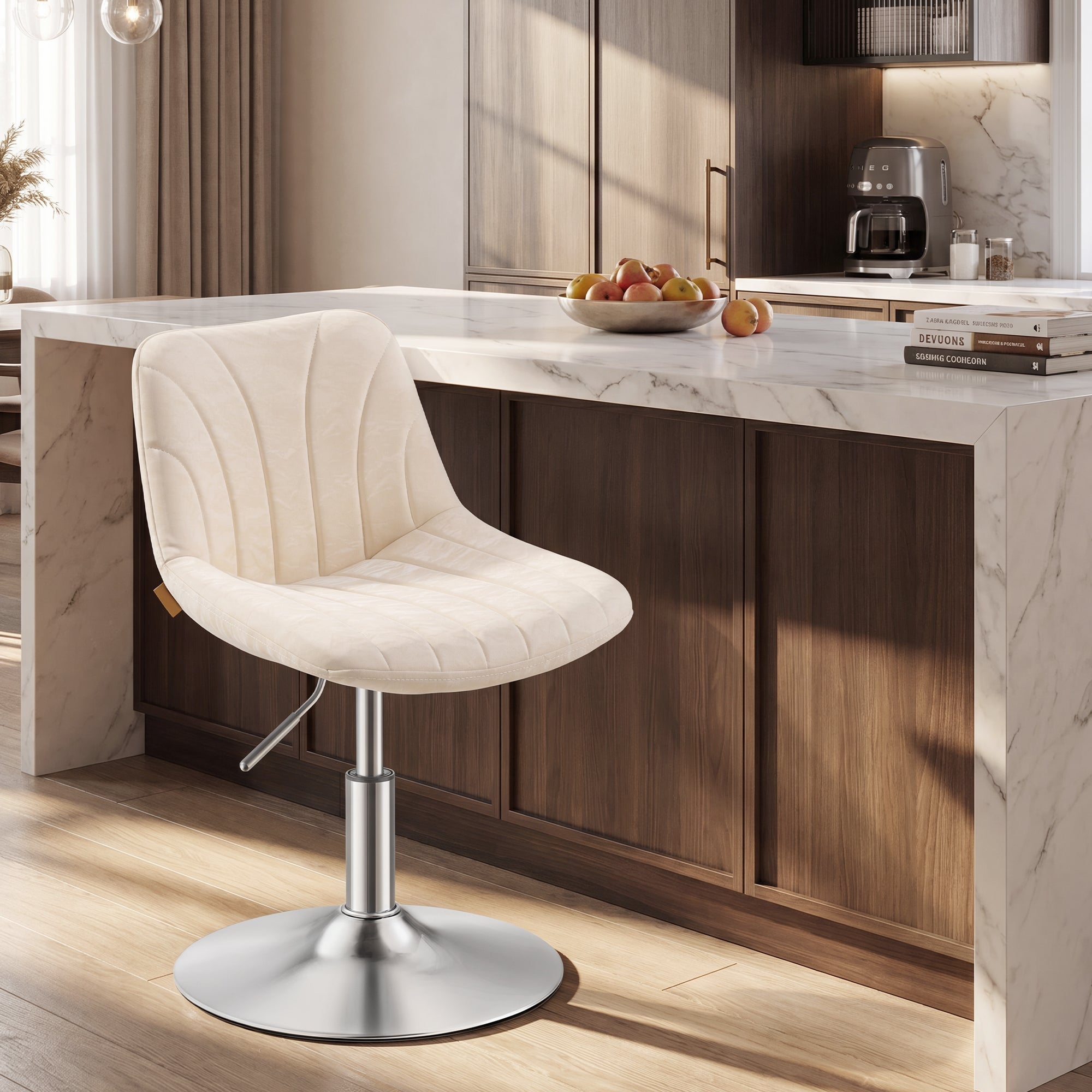 Tabouret Coiffeuse avec Dossier, Chaise Ergonomique Réglable, Cuir PU, 43 x 46,5 x 65,5-77,5 cm, Blanc - 2