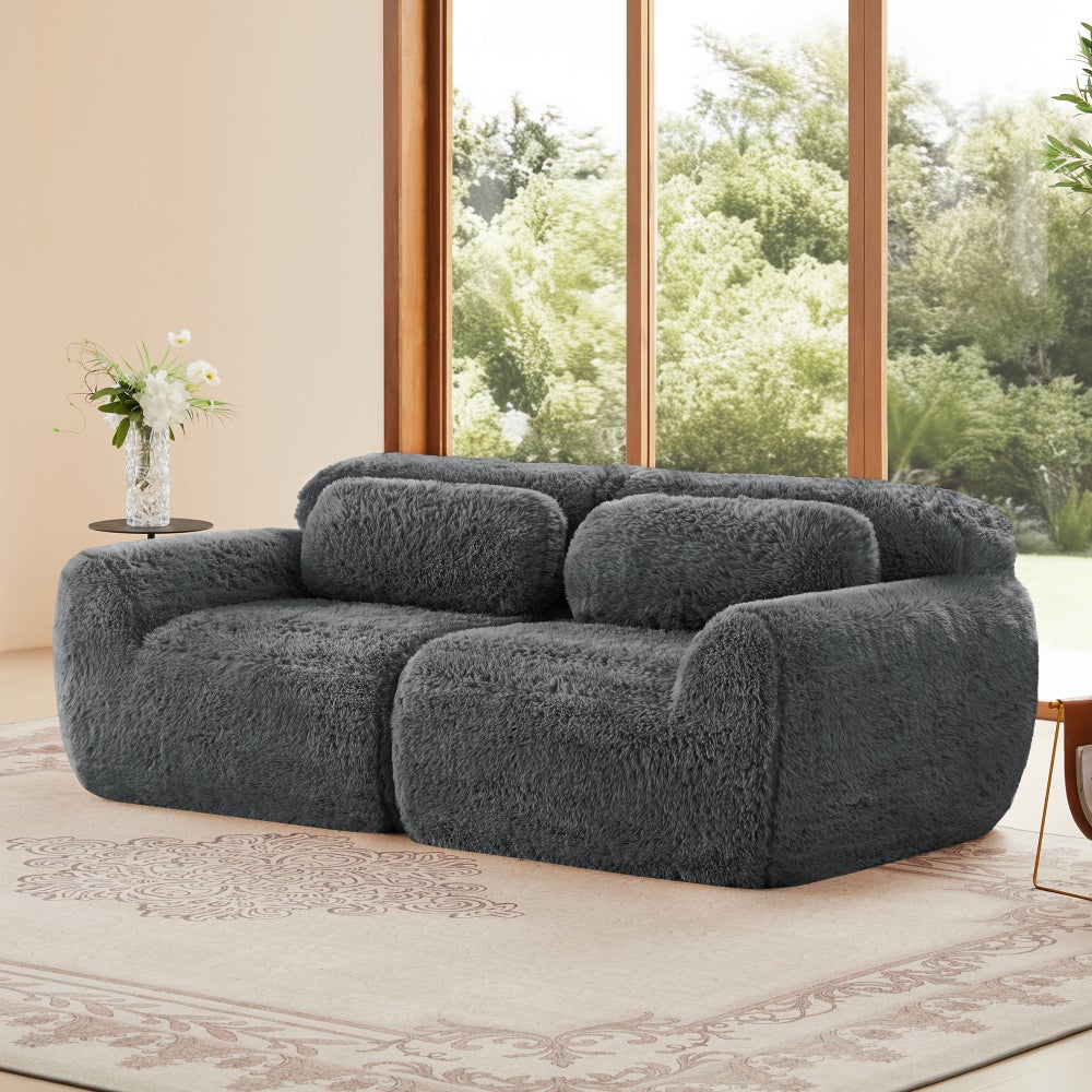 Sofa 2-osobowa modułowa, pluszowa, bezramowa, dowolnie łączona, z poduszkami, szara