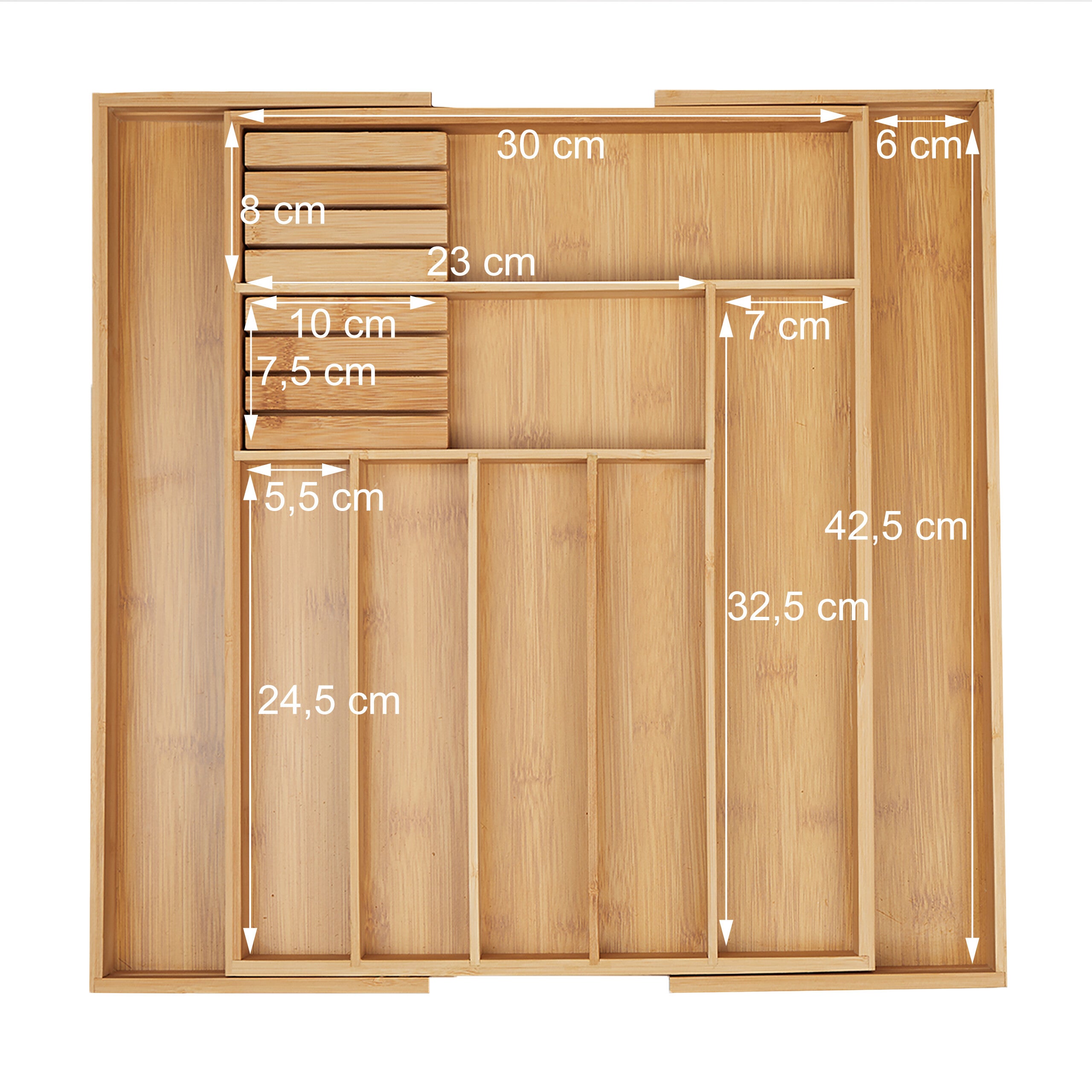 Cubertero Cajón Extensible 9 Compartimentos Bambú, Caja Cubiertos y Cuchillos Cocina, 5,5x45x44,5cm, Natural, Relaxdays - 6