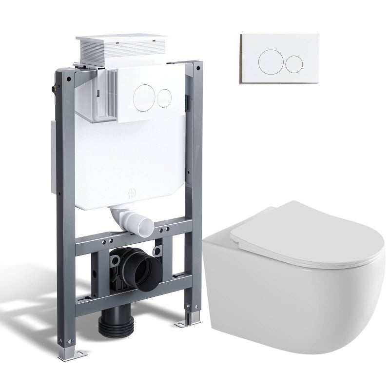 HOROW Kompletny zestaw toaletowy podwieszany - biała Podwieszana toaleta, dwa wyloty spłukiwania + Wspornik do toalety + biała płytka spłukująca