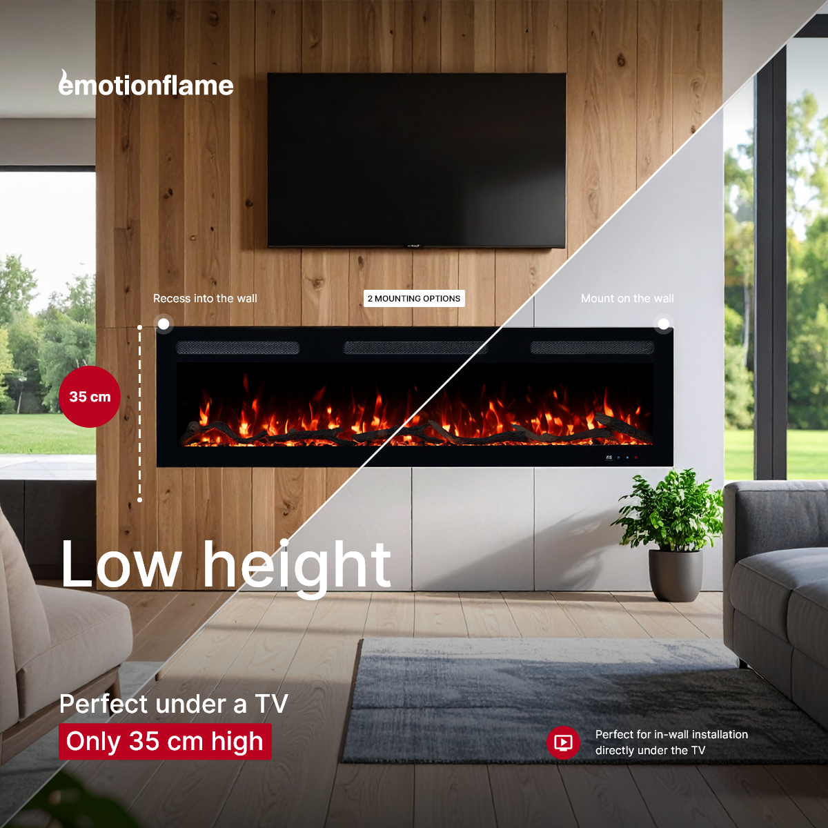 Cheminée électrique Emotion Flame Monarch 183 - feu premium - murale et encastrable - 183x13x35 cm - cheminée LED décorative avec chauffage 900/1800 W - 2