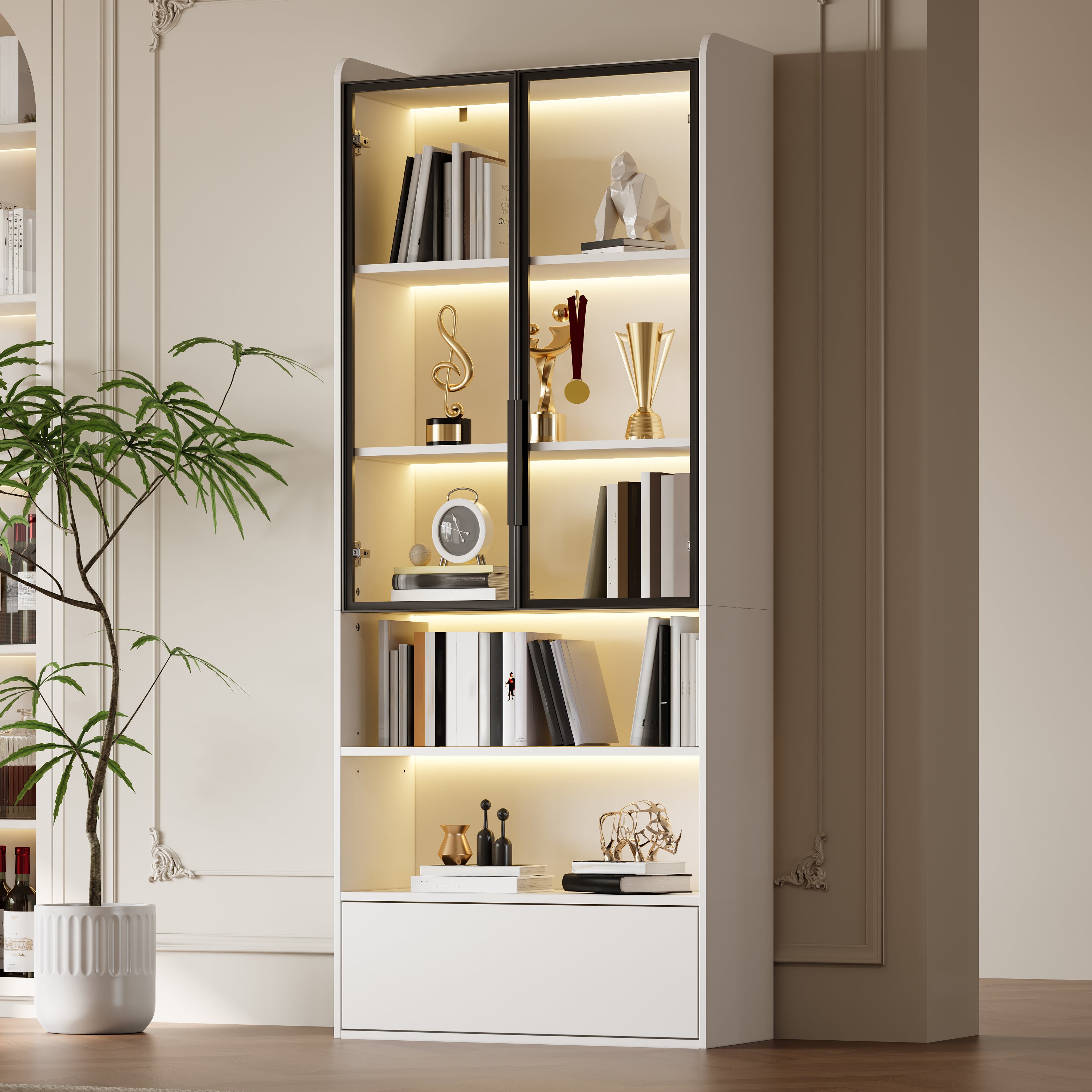 Wysoka witryna z 2 szklanymi drzwiami, 1 szufladą i 2 półkami - 80 x 34 x 180 cm - MDF - diody LED - biała