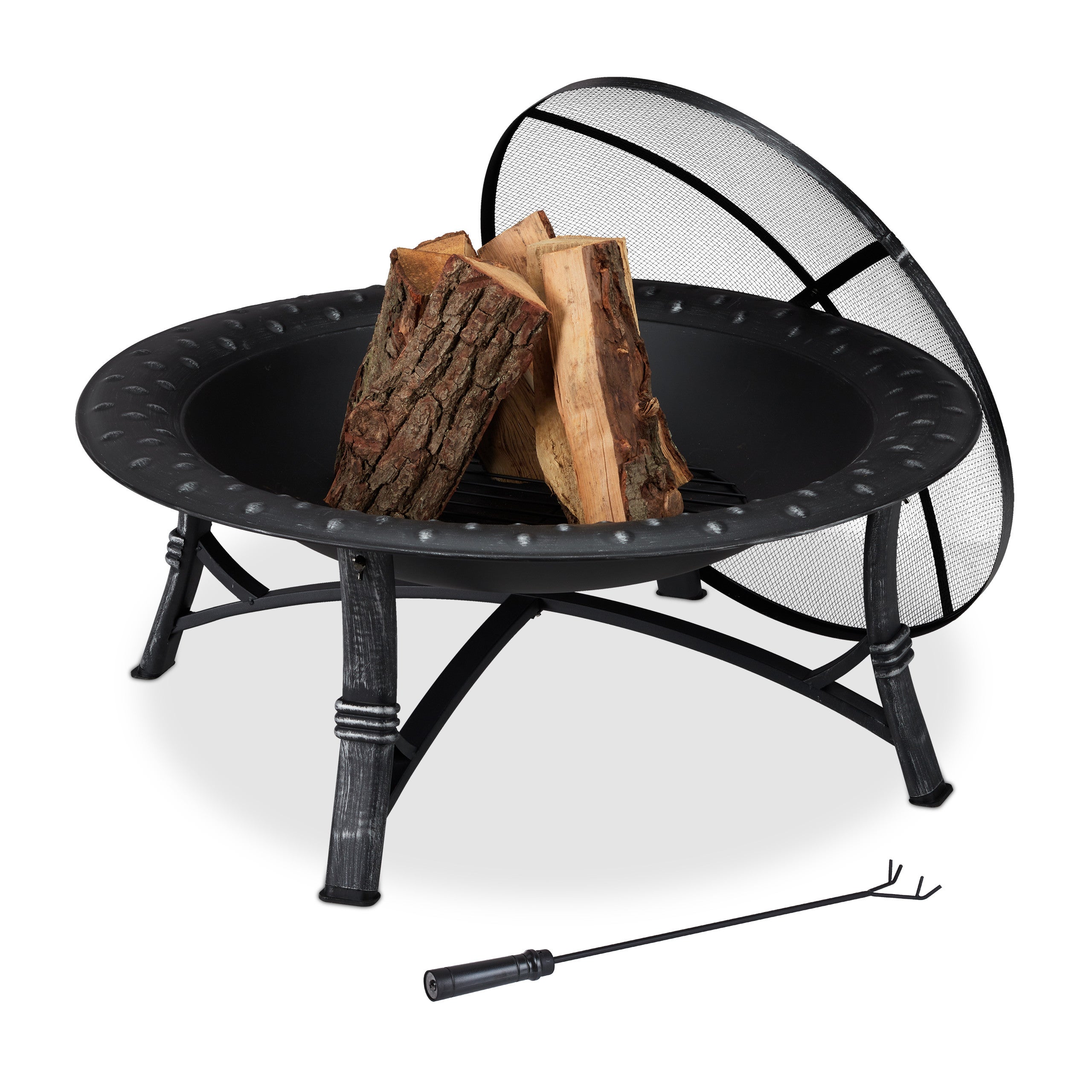 Relaxdays Brasero Jardin Avec Protection Étincelles Et Tisonnier - Foyer Extérieur 60x60 Cm Noir - Idéal Terrasse