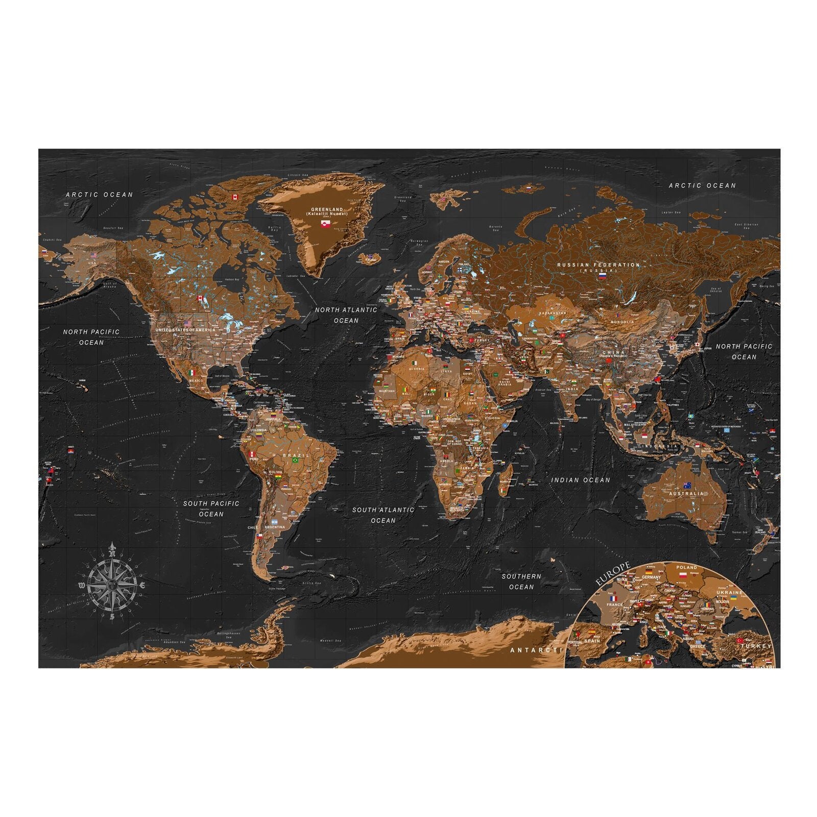 Papier peint design mappemonde en nuances de marron et noir - 400 x 280 cm - 2