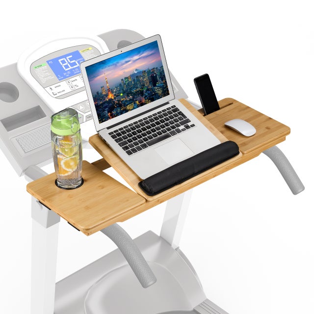 Relaxdays Porta PC per Tapis Roulant, Tavolino Inclinabile Laptop e Tablet, Supporto Cellulare e Bevande, Cinghie, Bambù