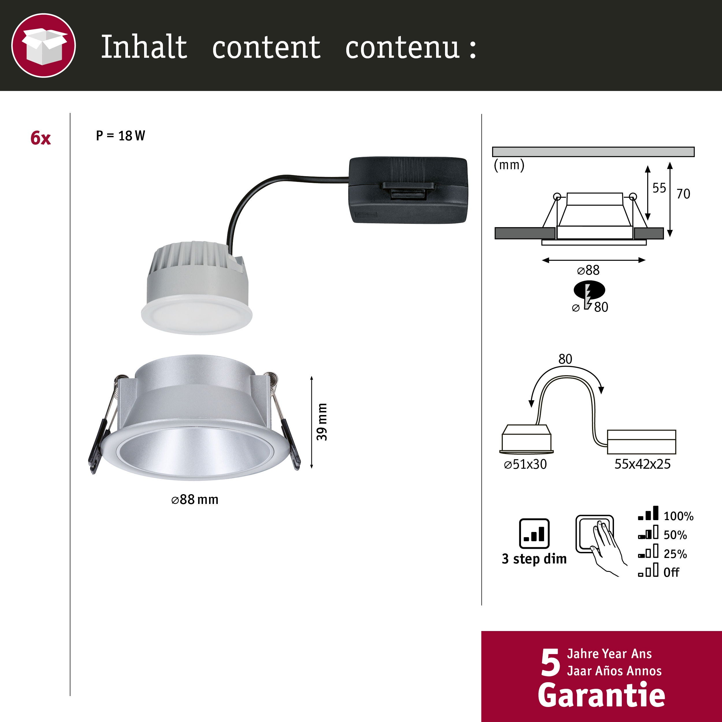 Spot encastré LED 3-Step-Dim Cole Coin Kit de 6 IP44 rond 88 mm Coin 6x6W 6x470lm 230V gradable 2700K Argent mat - 4