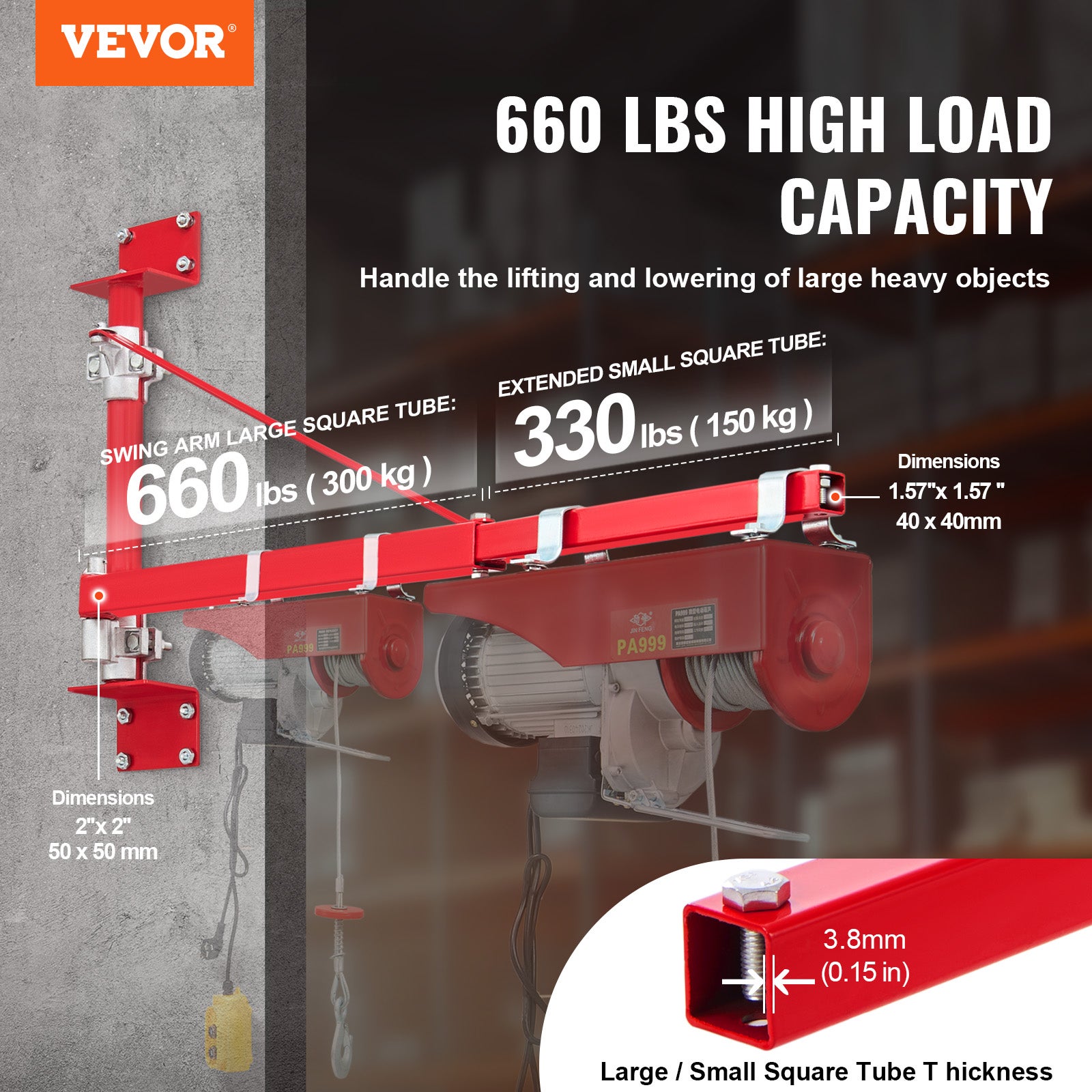 Bras de support de palan électrique,VEVOR capacité de charge 300 kg,bras pivotant support palan avec poteau,cadre de palan acier,levage de palan - 2