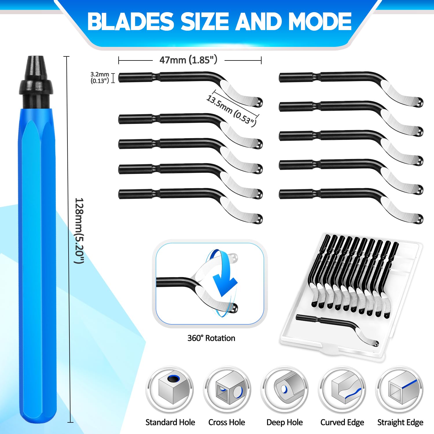 Ebavureur Outil D'ébavurage, Burr Remover Kit avec 10 BS1010 Lames de Rechange, Ebavurage Manuel 360 ° Rotatif Deburr pour l'impression 3D, Aluminium, - 3