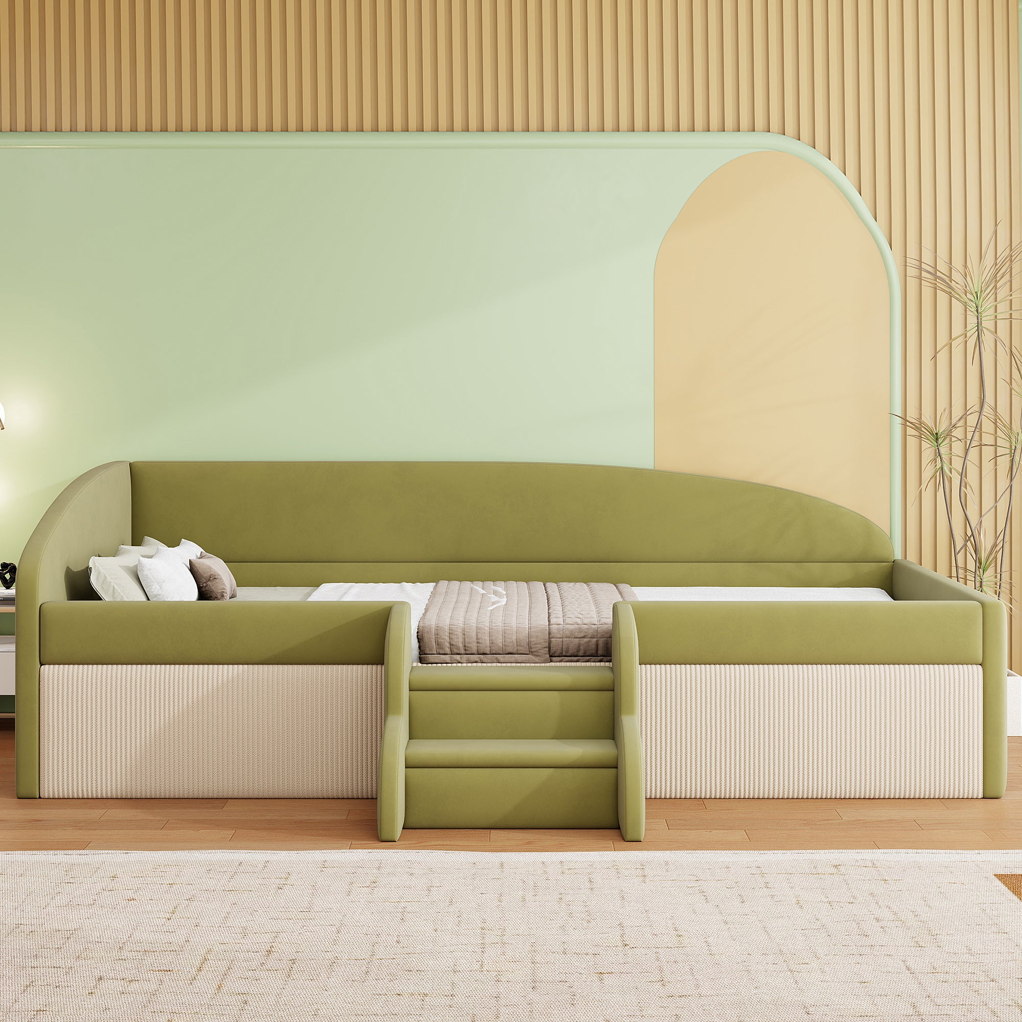 Divano letto 90x190 cm velluto verde beige con poggiapiedi e braccioli - 2