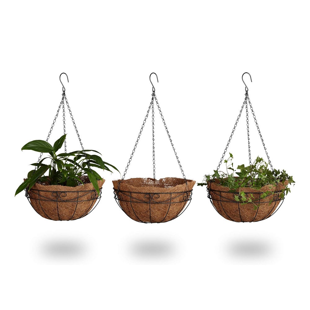 Doniczka wisząca, kosz na rośliny z włókna kokosowego, zestaw 3 szt. z łańcuszkiem, średnica 35 cm, kolor brązowy