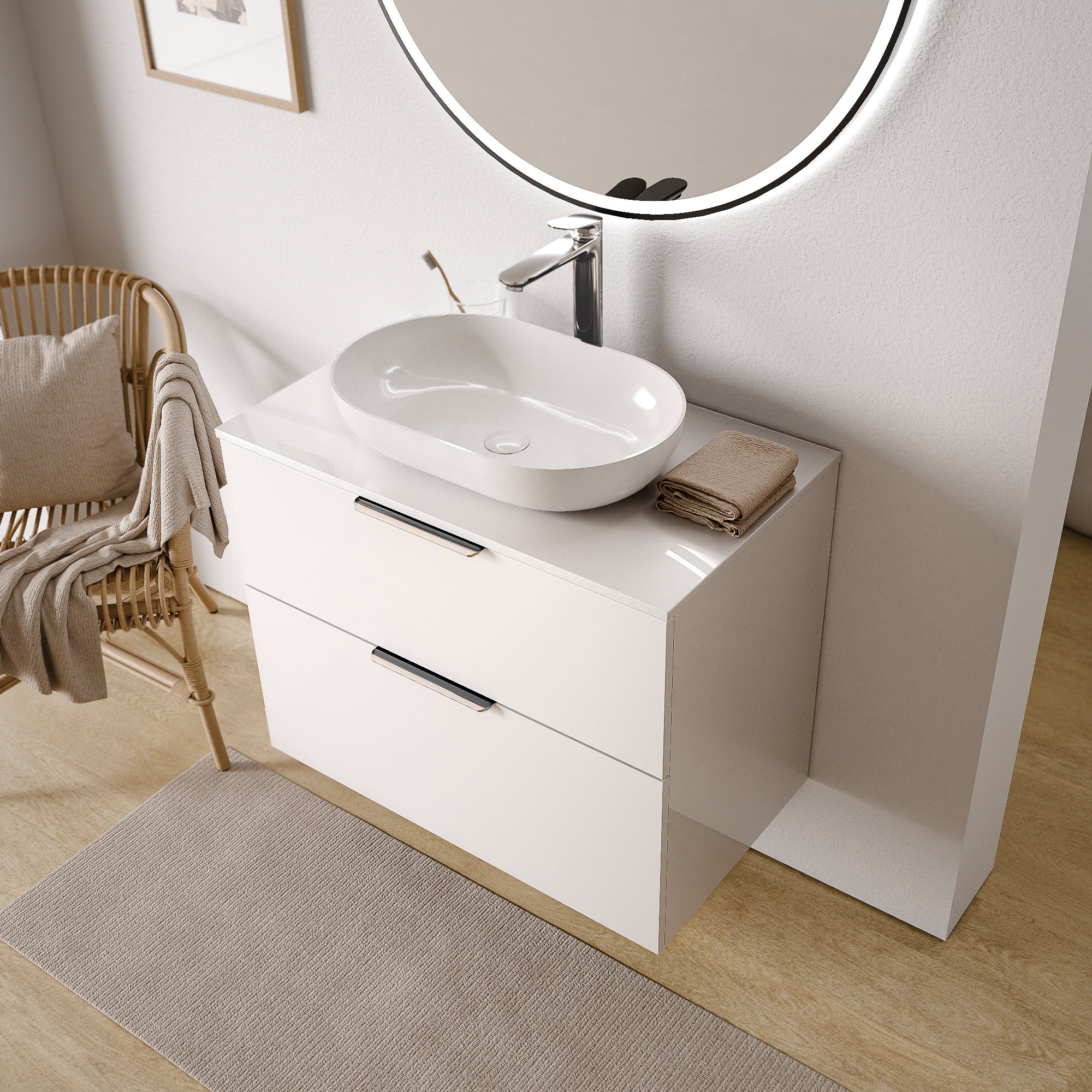 BERNSTEIN - Meuble sous vasque suspendu MDF Blanc brillant 80x46x62cm, Plan lavabo Blanc mat + poignée Noir mat - TIM80 - 2