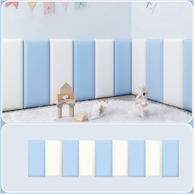 8 peças de acolchoamento de parede anticolisão 3D, Painéis de parede à prova de som, Tapetes de parede macios autocolantes, Azul e Branco, 30 x 50 cm