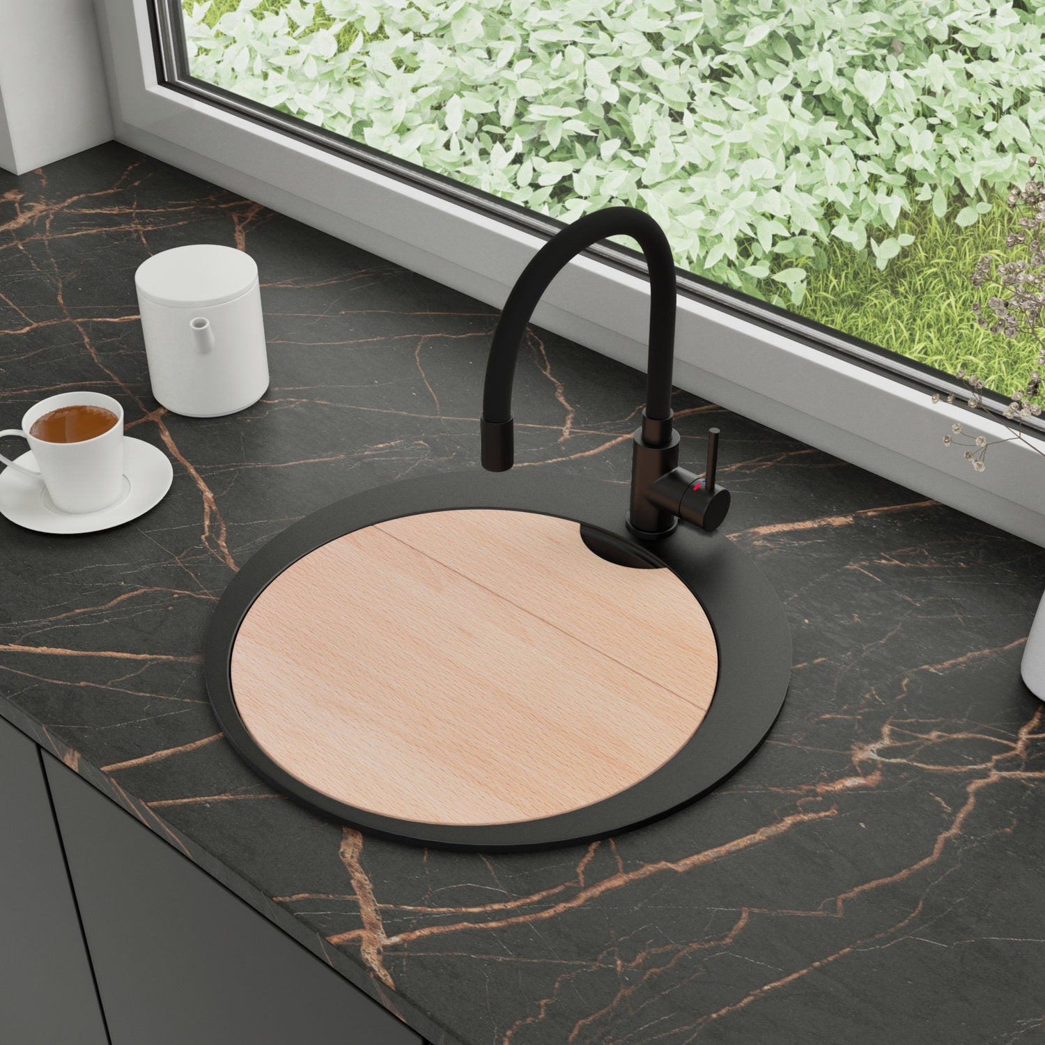 Zlewozmywak Granitowy Okrągły 50x50cm, do szafki od 45cm + Bateria + Syfon + Deska - Sapphire Cały Czarny STONESTYLE