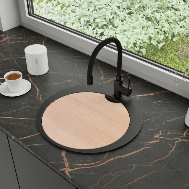 Zlewozmywak Granitowy Okrągły 50x50cm, do szafki od 45cm + Bateria + Syfon + Deska - Sapphire Cały Czarny STONESTYLE