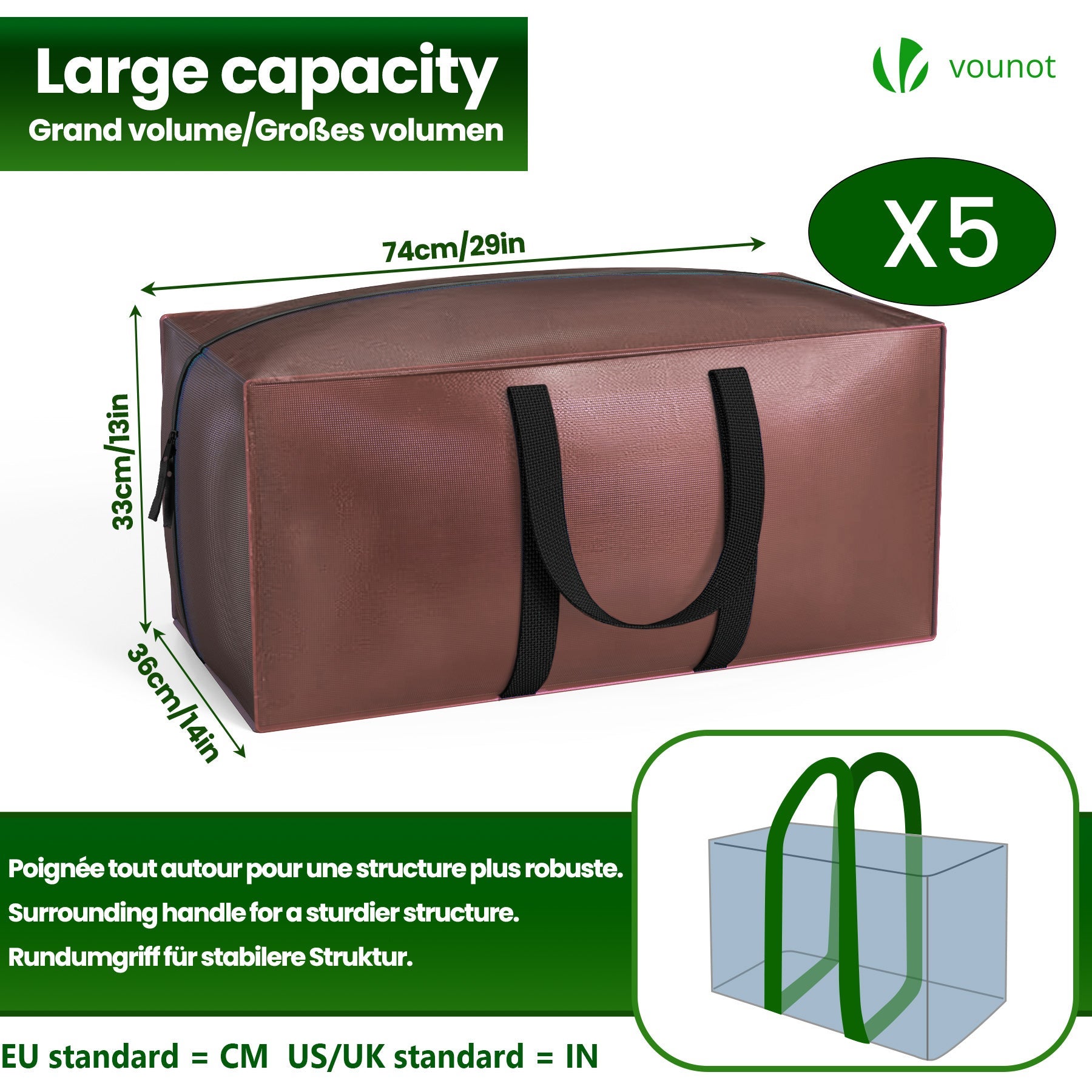 Lot de 5 sacs de déménagement grand format - sacs de rangement avec sangles de sac à dos et poignée - marron - VOUNOT® - 3